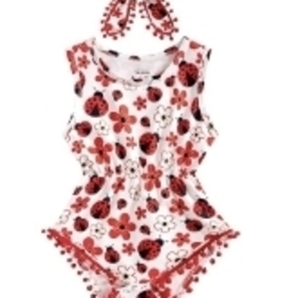 Red and White Floral Ladybug Romper
